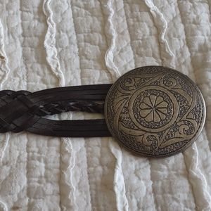 Black braided leather belt silver conche buckle